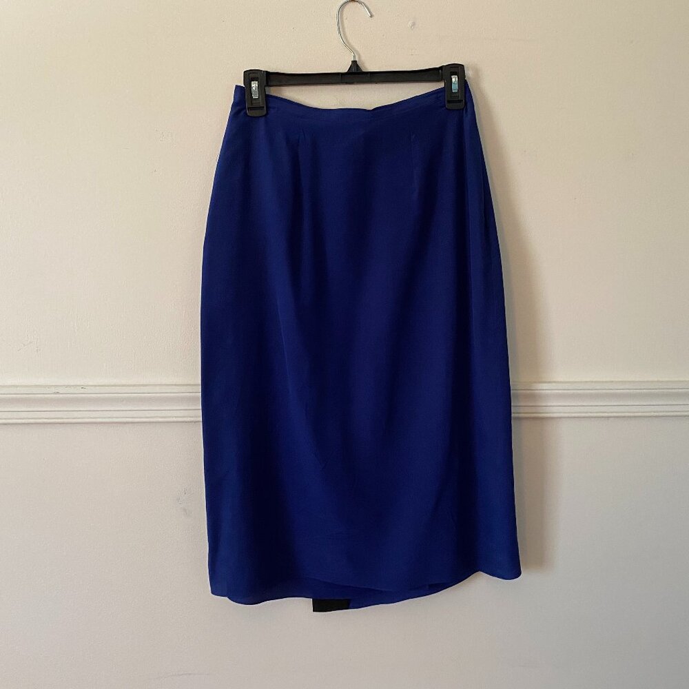 Vintage Calvin Klein Cobalt Blue 100% Silk Midi Wrap Skirt Size Small - Picture 2 of 5